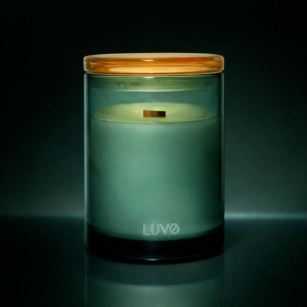Mandarin & Resin 270g wooden wick candle in a green glass jar with lid, dark background