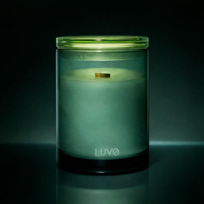 Pear & Magnolia 270g wooden wick candle in a green glass jar with lid, dark background