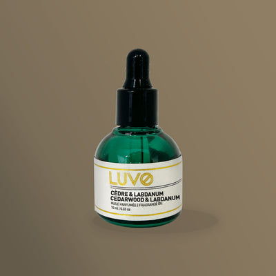 Cedarwood & Labdanum 10ml fragrance oil in a green glass dropper bottle on a taupe background