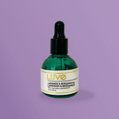 Lavender & Bergamot 10ml fragrance oil in a green glass dropper bottle on a lavender background