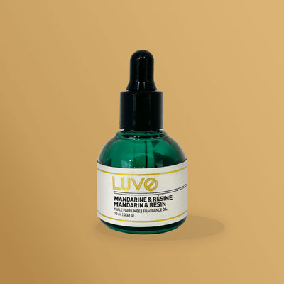Mandarin & Resin 10ml fragrance oil in a green glass dropper bottle on an ochre background