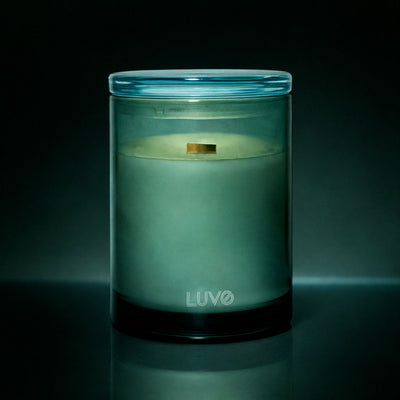 Baumier Fir & Balsam Spruce 270g wooden wick candle in a green glass jar with lid, dark background