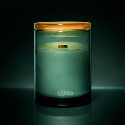 Mandarin & Resin 270g wooden wick candle in a green glass jar with lid, dark background