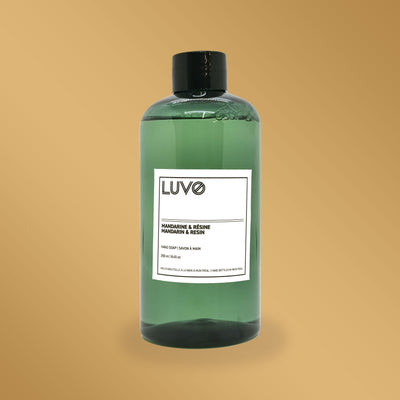 Mandarin & Resin foaming hand soap refill, 250ml green bottle on an ochre background