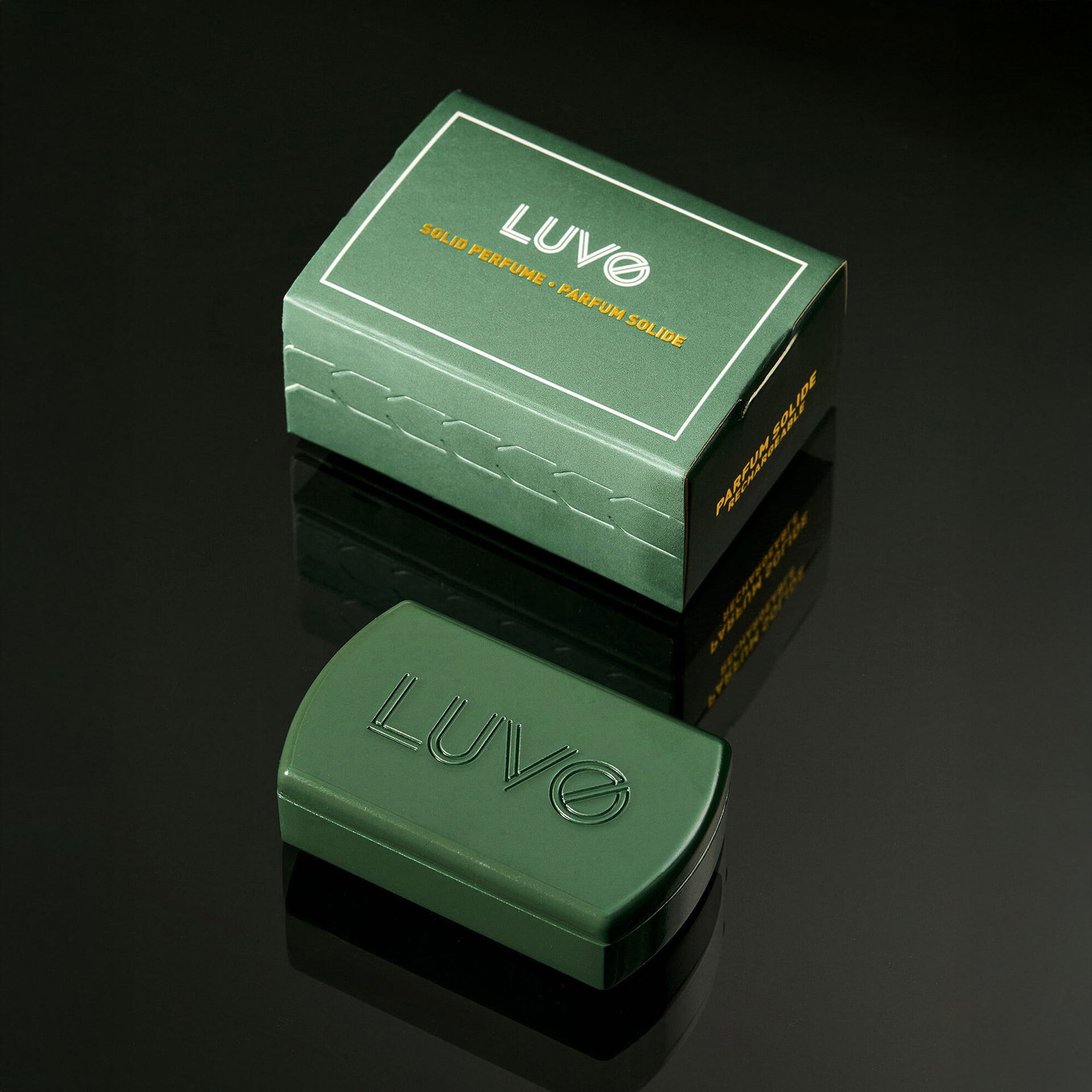 Cashmere and Vanilla solid perfume — rechargeable magnetic steel case closed, alcohol-free wax fragrance LUVO Parfums